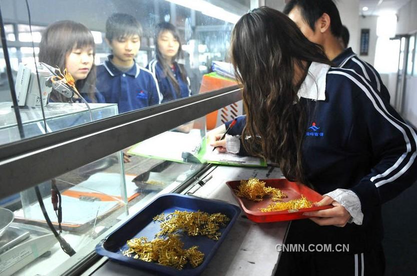 黃金原料的領料稱重。